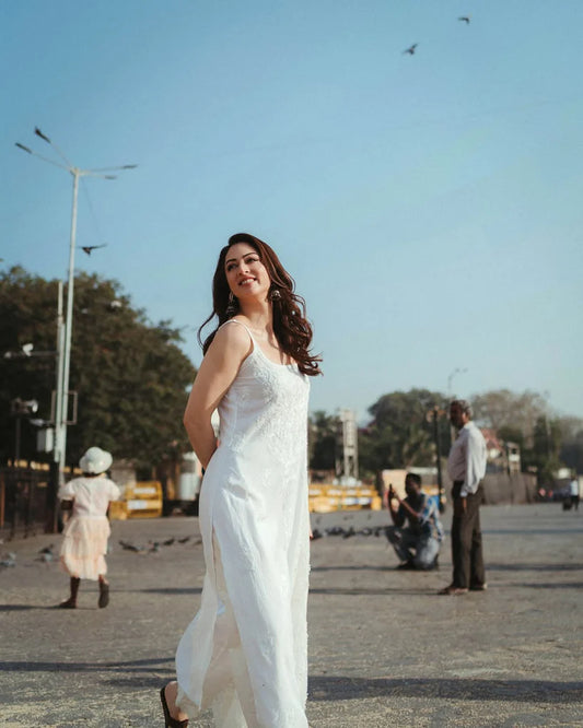 White Rayon Cotton Strappy Chikankari Kurta Pant with Dupatta Set