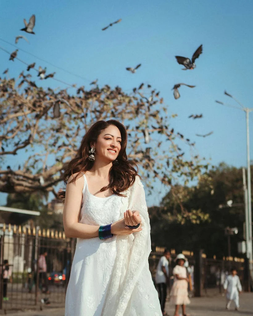 White Rayon Cotton Strappy Chikankari Kurta Pant with Dupatta Set