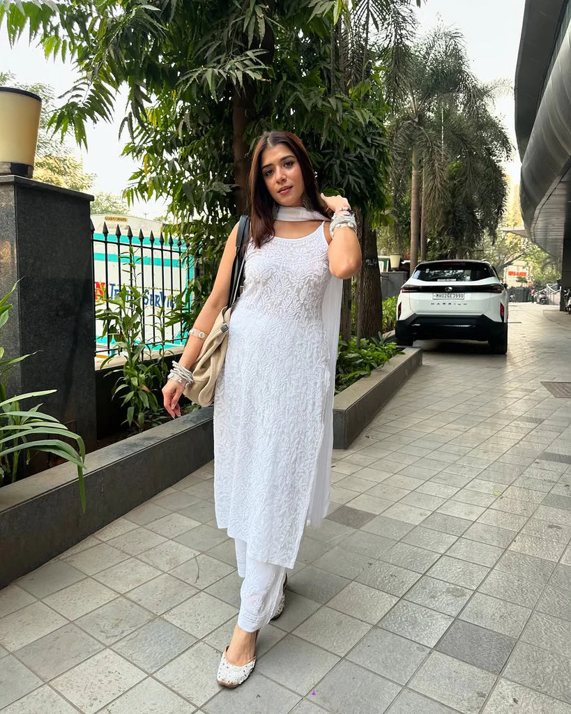 White Strappy Viscose Georgette Chikankari Kurta Pant with Dupatta Set