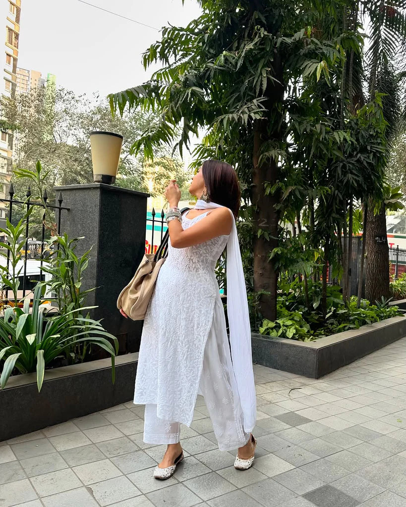 White Strappy Viscose Georgette Chikankari Kurta Pant with Dupatta Set