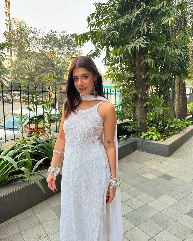 White Strappy Viscose Georgette Chikankari Kurta Pant with Dupatta Set