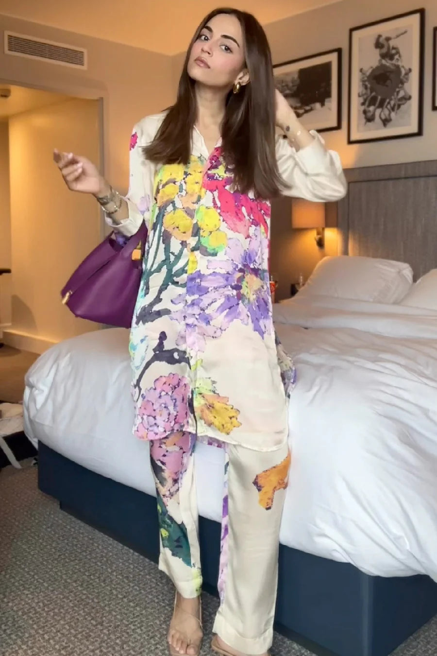 Off White Printed Flower Collared Co-ord Set