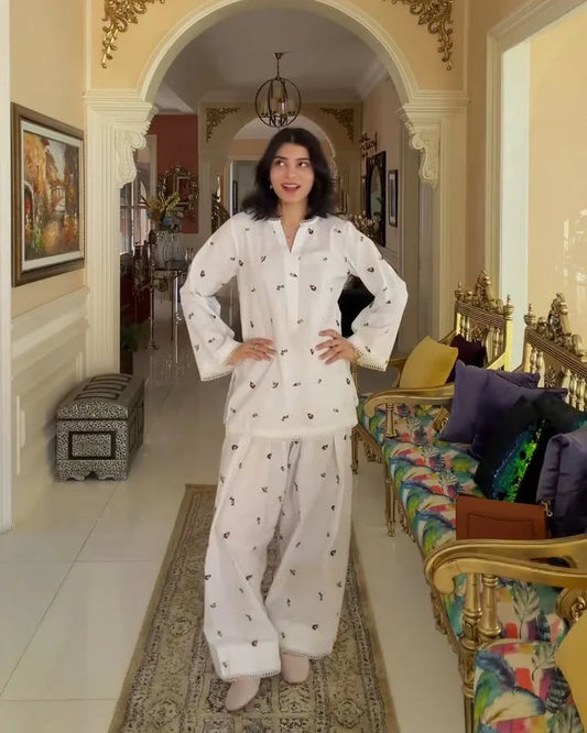 White Print Floral Cotton Kurta with Farshi Salwar