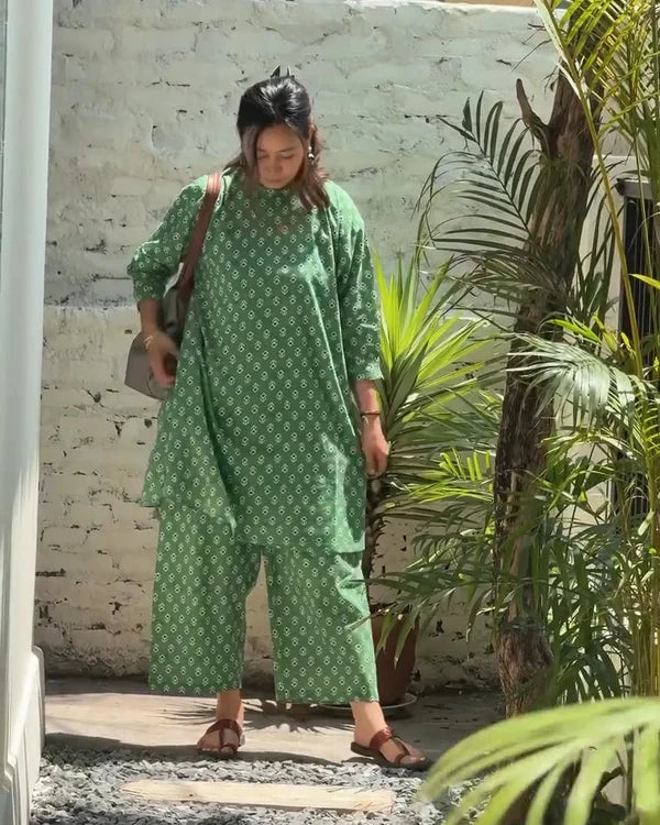 Floral Cotton Co-ord Straight Tunic & Trousers (Green)