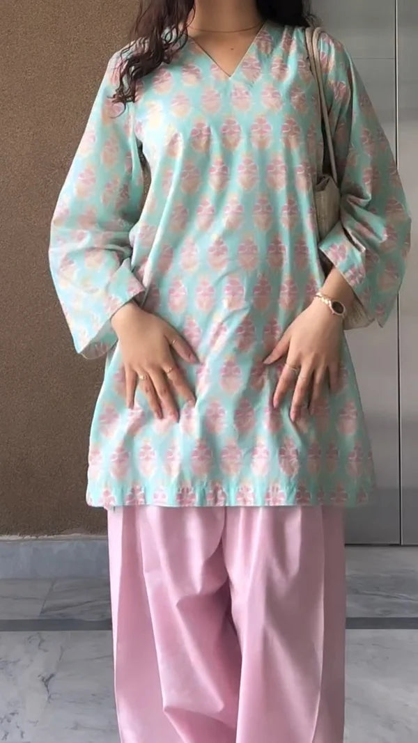 Seafoam Floral Cotton Kurta with Blush Farshi