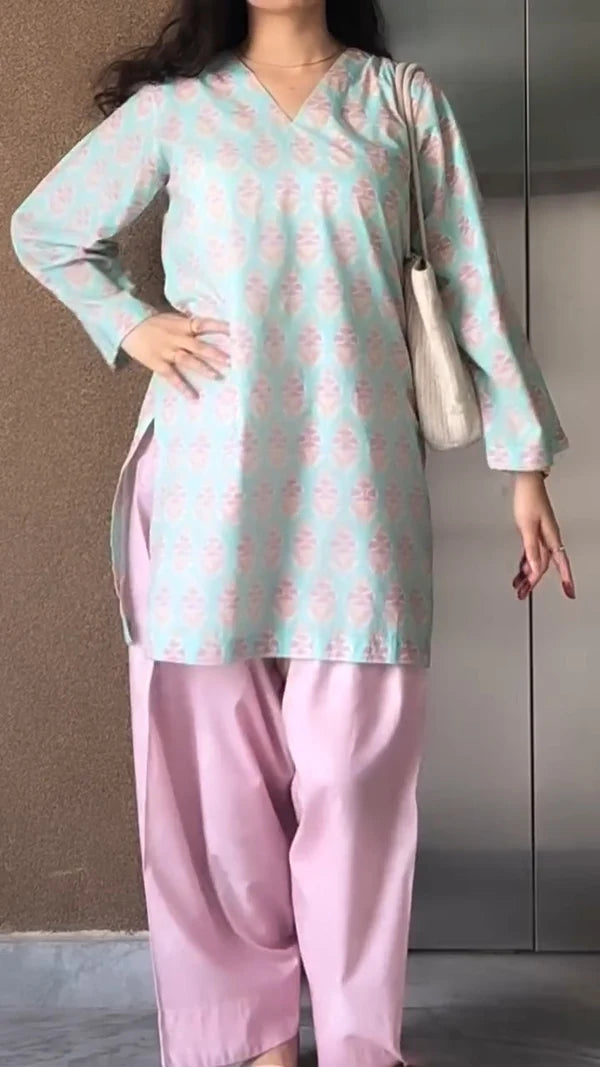 Seafoam Floral Cotton Kurta with Blush Farshi