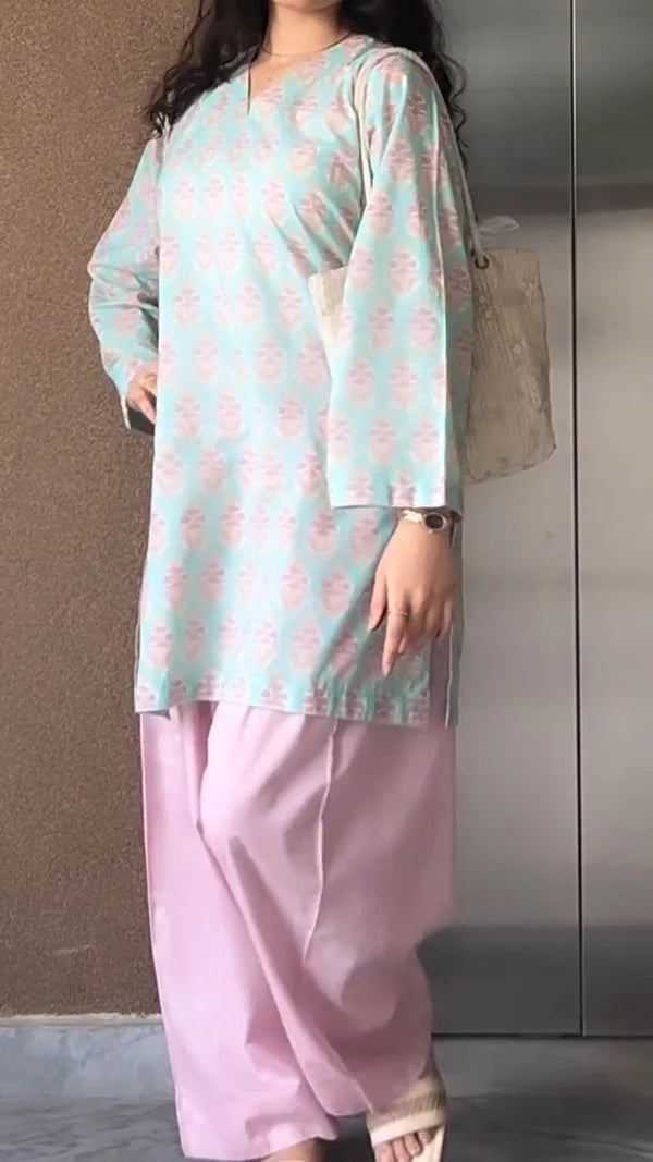 Seafoam Floral Cotton Kurta with Blush Farshi
