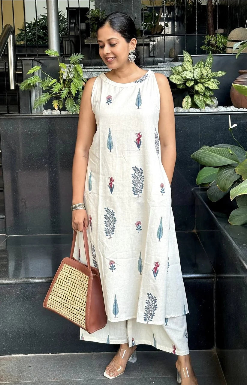 Off White Print A-line kurta Set
