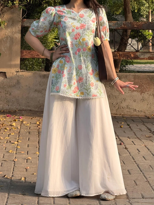 Flower Printed Short Kurti With Plazzo Set