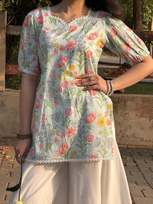 Flower Printed Short Kurti With Plazzo Set