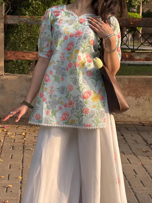 Flower Printed Short Kurti With Plazzo Set