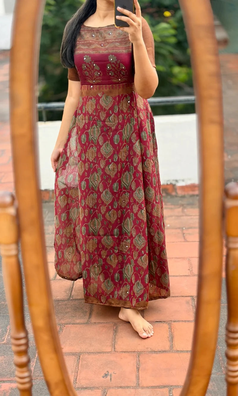 Kavya Premium Printed Flared Long Kurti with Mirror Work.