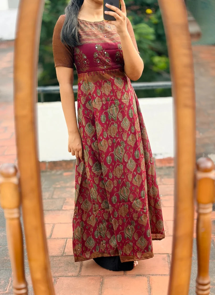 Kavya Premium Printed Flared Long Kurti with Mirror Work.