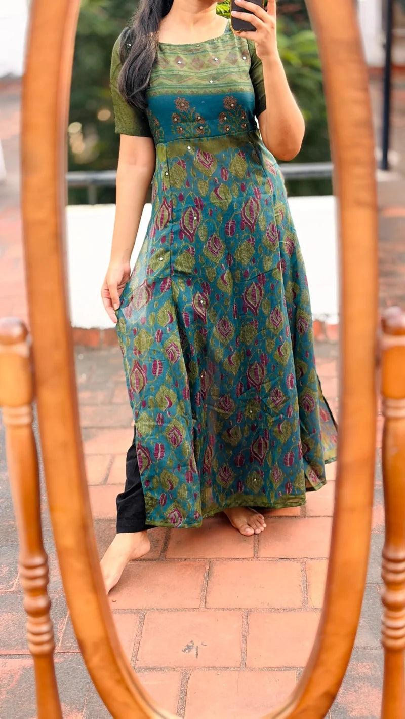 Kavya Premium Printed Flared Long Kurti with Mirror Work.