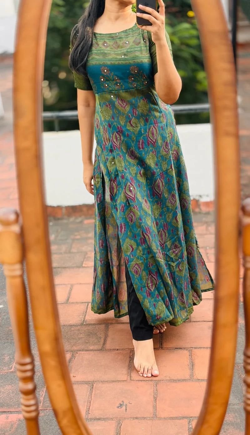 Kavya Premium Printed Flared Long Kurti with Mirror Work.