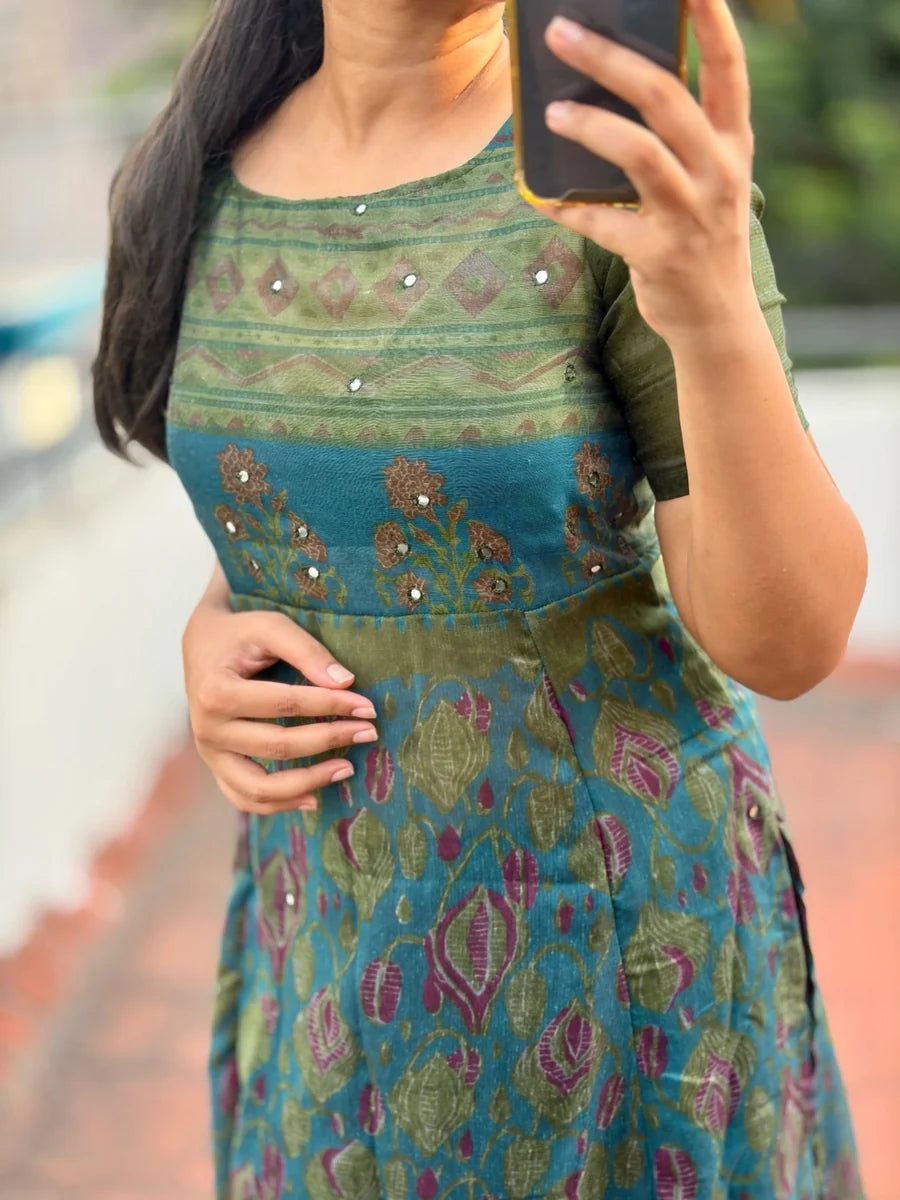 Kavya Premium Printed Flared Long Kurti with Mirror Work.