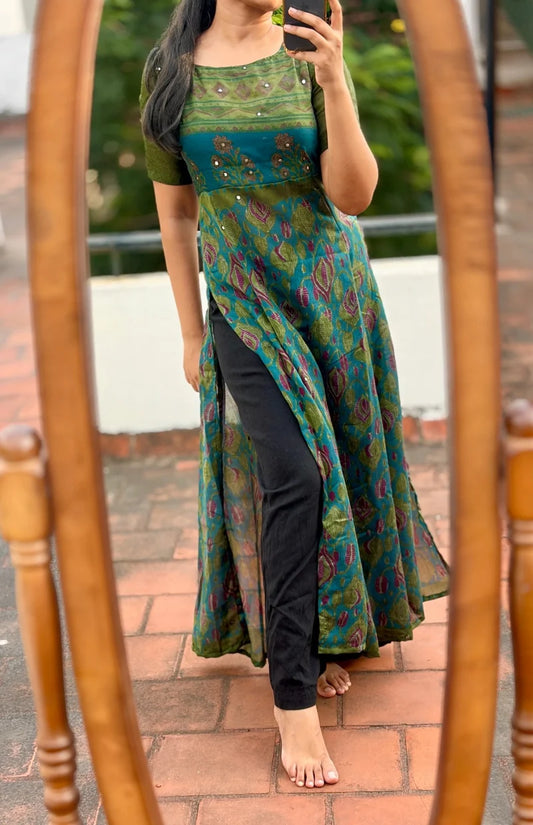 Kavya Premium Printed Flared Long Kurti with Mirror Work.