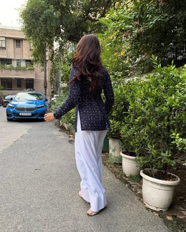 Indigo Print Cotton Kurta Corset Back, White Farshi