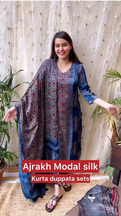Reena Blue Modal Silk Kurta Duppata Set