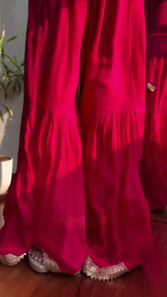 Red Strappy Viscose Georgette Chikankari Gharara Set