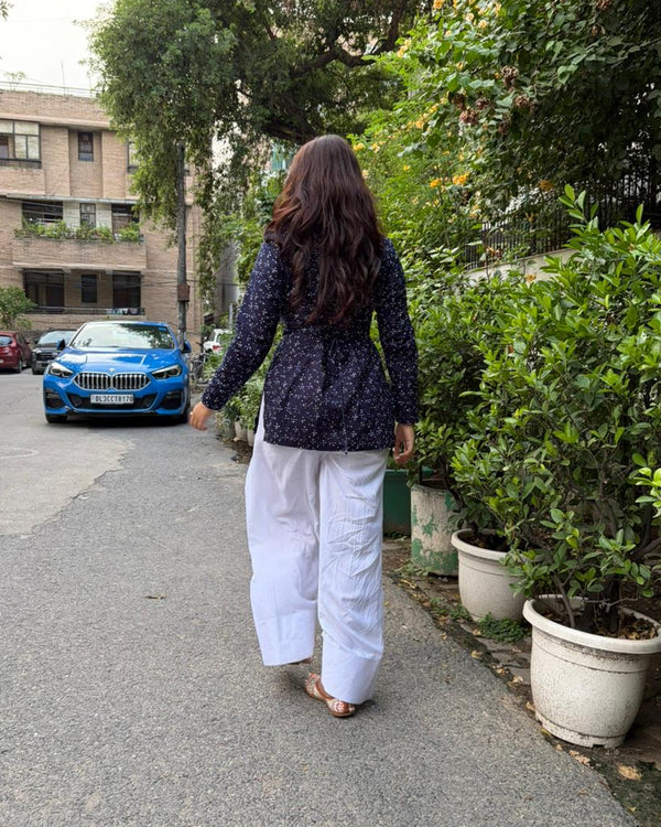 Indigo Print Cotton Kurta Corset Back, White Farshi