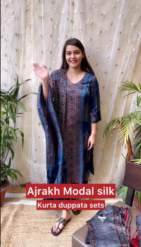 Reena Blue Modal Silk Kurta Duppata Set