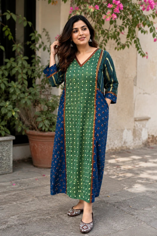 Milani green and blue ajrakh printed dress