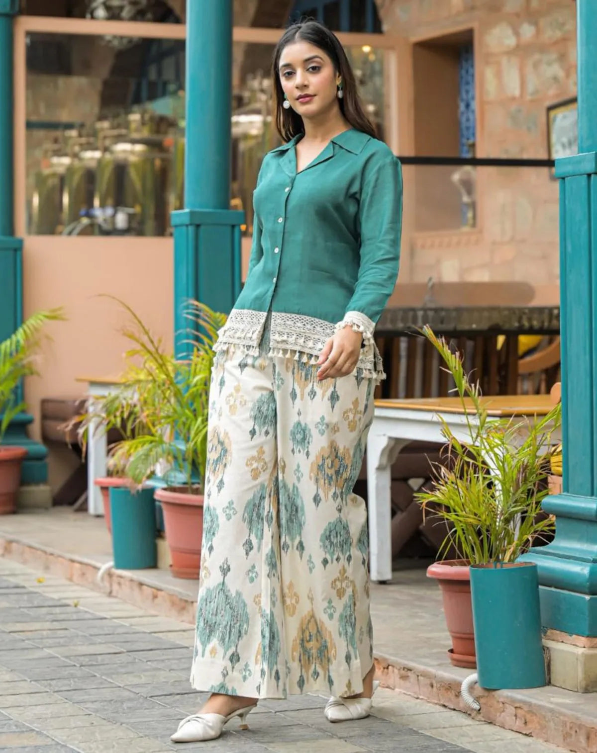 Green Top with printed pants Coord Set