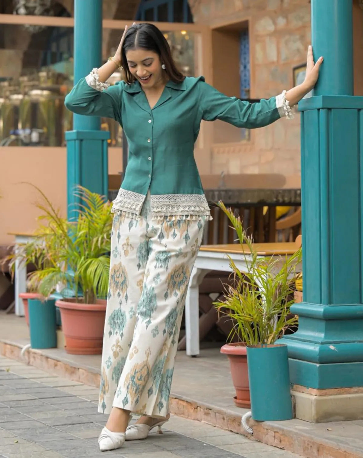 Green Top with printed pants Coord Set