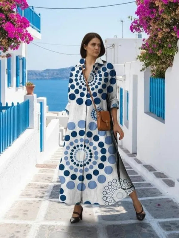 Multicolor Linen Blend Vintage Printed Long Dress