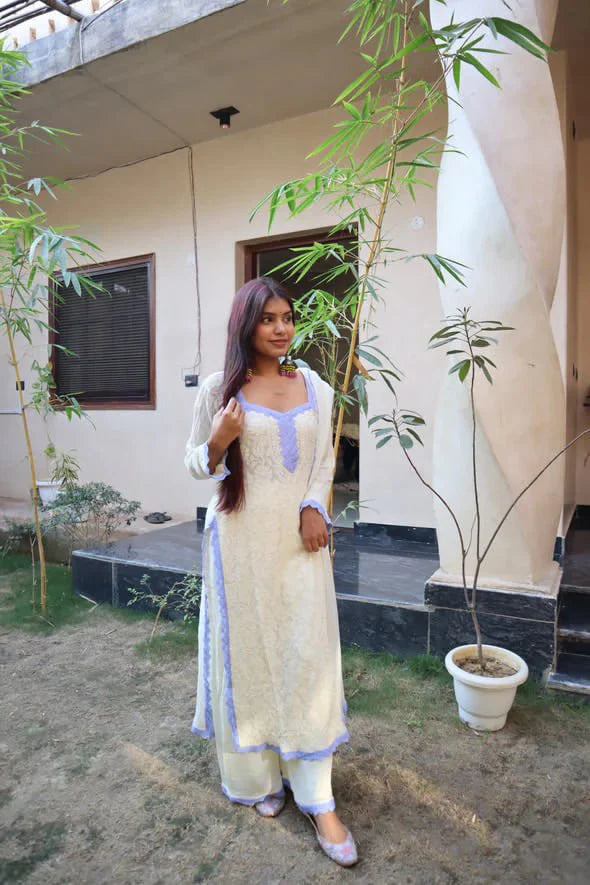 Cream Viscose Georgette Silk Chikankari Kurta With Palazzo And Dupatta Set