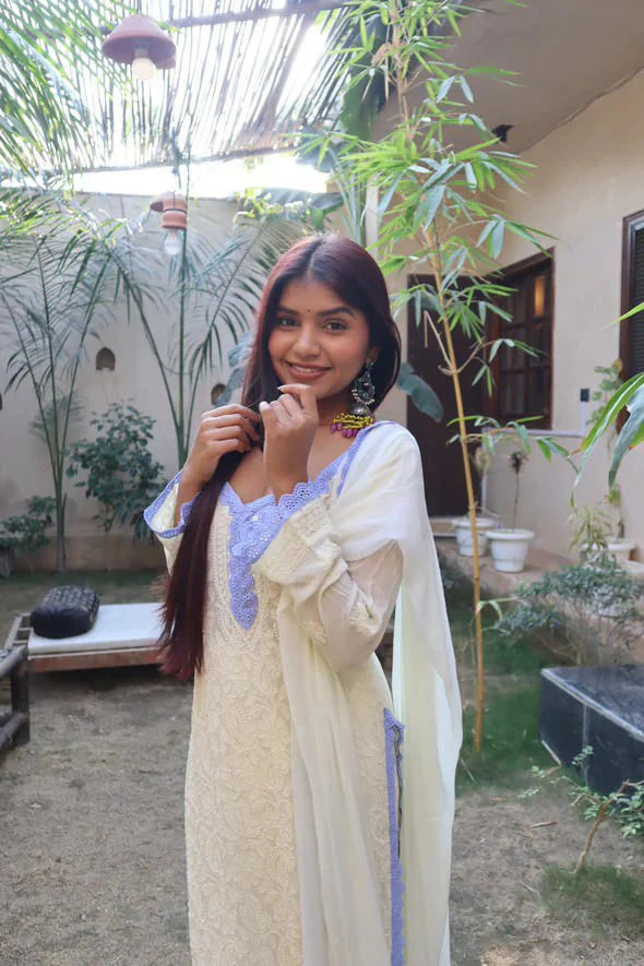 Cream Viscose Georgette Silk Chikankari Kurta With Palazzo And Dupatta Set