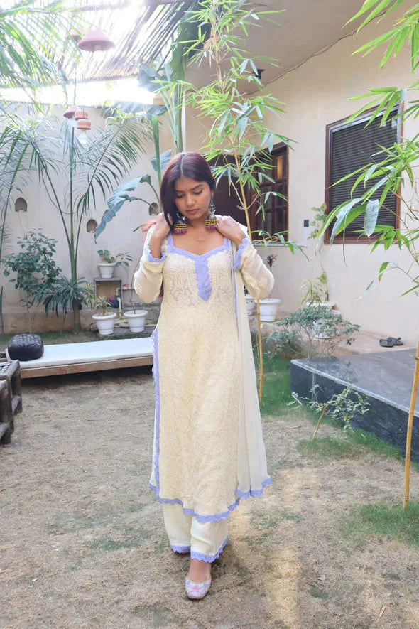 Cream Viscose Georgette Silk Chikankari Kurta With Palazzo And Dupatta Set