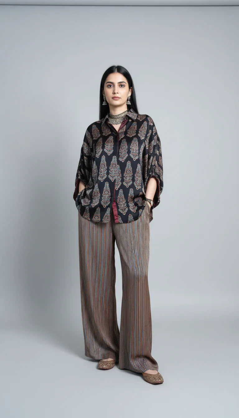 Black Ajrakh Print shirt cord-set for women